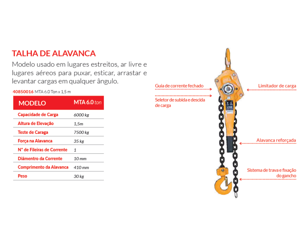 TALHA DE ALAVANCA MTA V2 6,0T - 1,5M MENEGOTTI 40850016