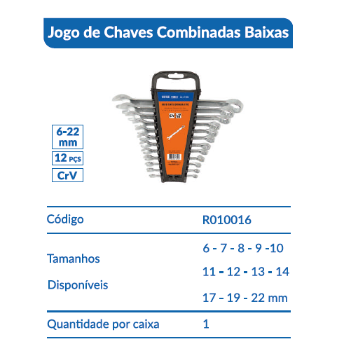 JOGO DE CHAVES COMBINADAS 12PCS 6-22MM CRV BOVENAU R010016TTD
