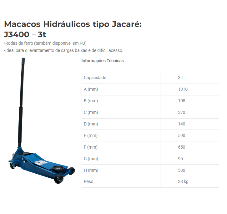 MACACO JACARE 3 TON BAIXO BOVENAU J3400TTD