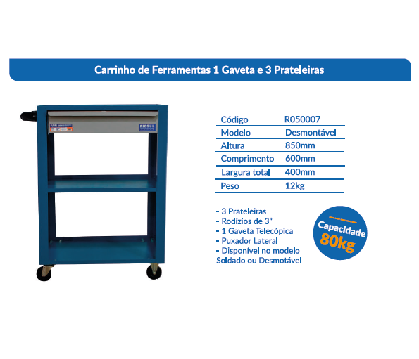 CARRINHO DE FERRAMENTAS ABERTO C/ 1 GAVETA DESMONTÁVEL BOVENAU R050007