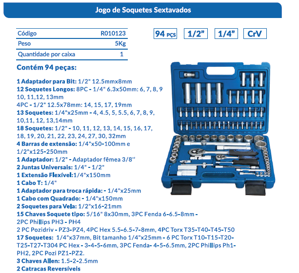 JOGO DE SOQUETES 94PCS 1/2 1/4 BOVENAU R010123TTD