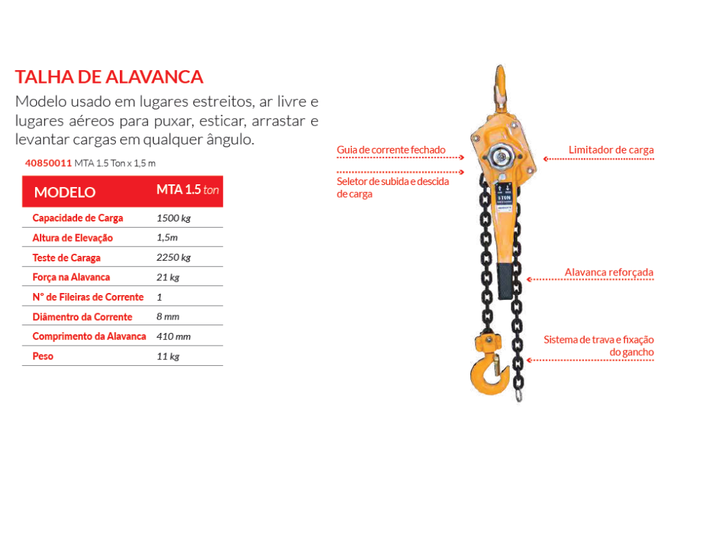 TALHA DE ALAVANCA MTA V2 1,5T - 1,5M MENEGOTTI 40850011