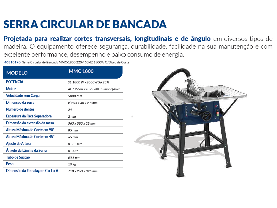 SERRA CIRCULAR DE BANCADA MMC1800 - 220V MENEGOTTI 40810170