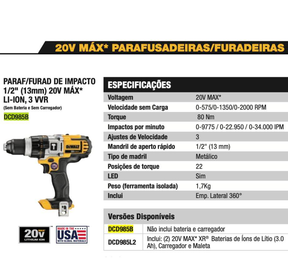 PARAFUSADEIRA DEWALT 20V DCD985B3-SEM ACESSORIOS