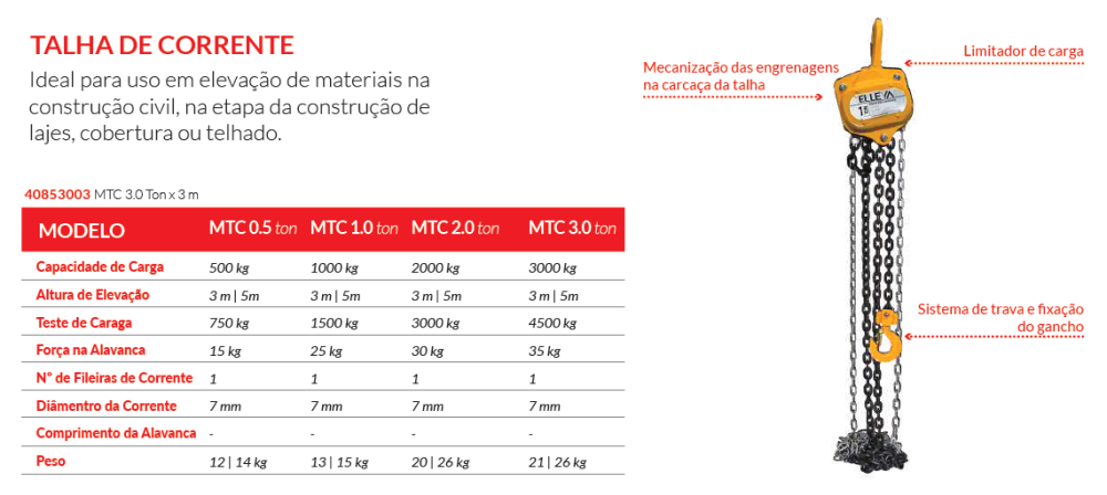 TALHA DE CORRENTE MTC 3,0T - 3M MENEGOTTI 40853003