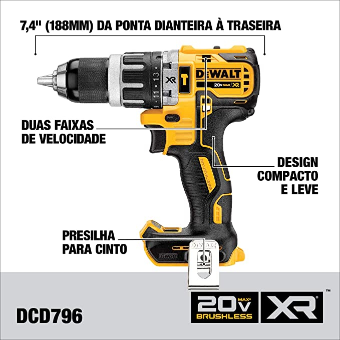 PARAFUSADEIRA DE IMPACTO DEWALT 20V DCD796B-B3 S/BATERIA 