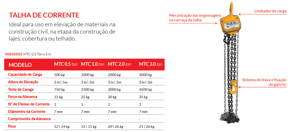 TALHA DE CORRENTE MTC 0,5T - 5M MENEGOTTI 40850505