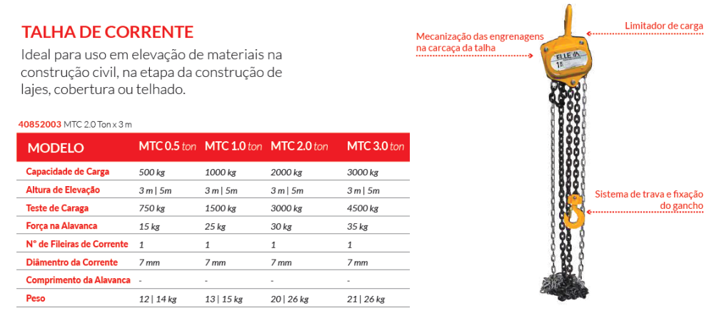 TALHA DE CORRENTE MTC 2,0T - 3M MENEGOTTI 40852003