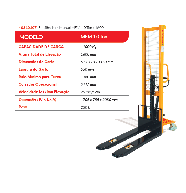 EMPILHADEIRA MANUAL MEM 1 TON X 1600 MENEGOTTI 40810107