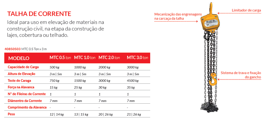 TALHA DE CORRENTE MTC 0,5T - 3M MENEGOTTI 40850503