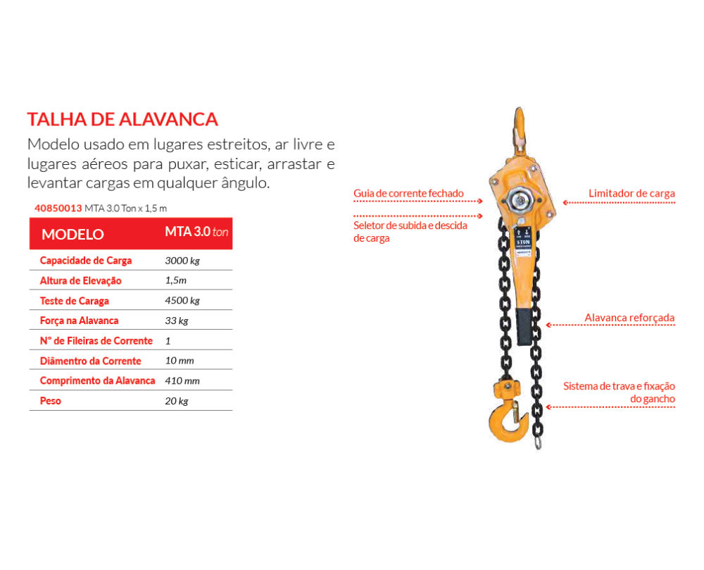 TALHA DE ALAVANCA MTA V2 3,0T - 1,5M MENEGOTTI 40850013